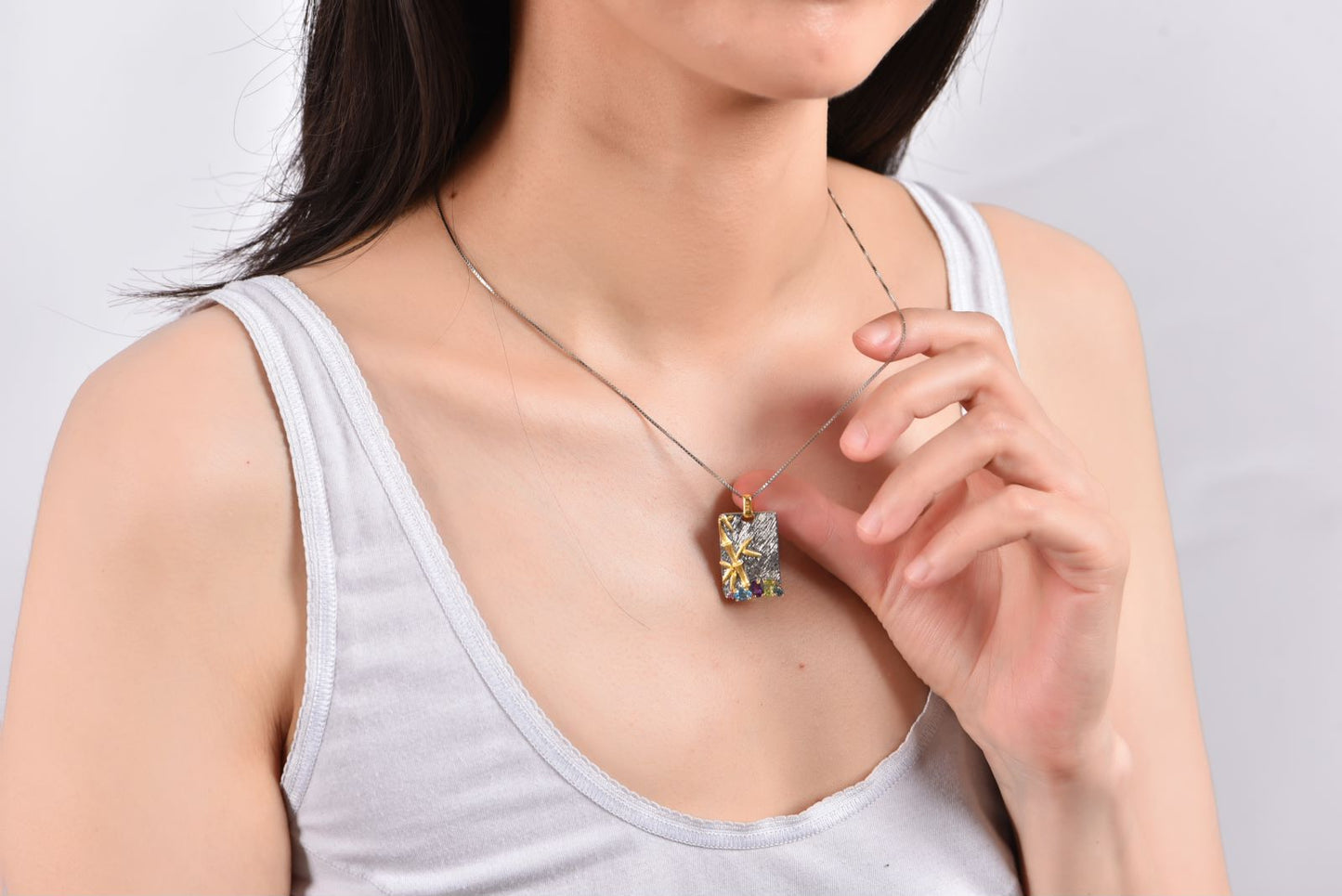 Bamboo and Gemstones Silver Necklace