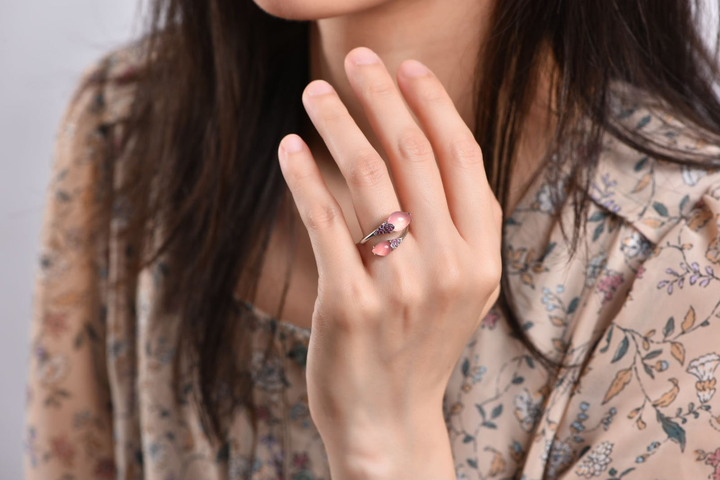 Pink Chalcedony Flower Adjustable Silver Ring
