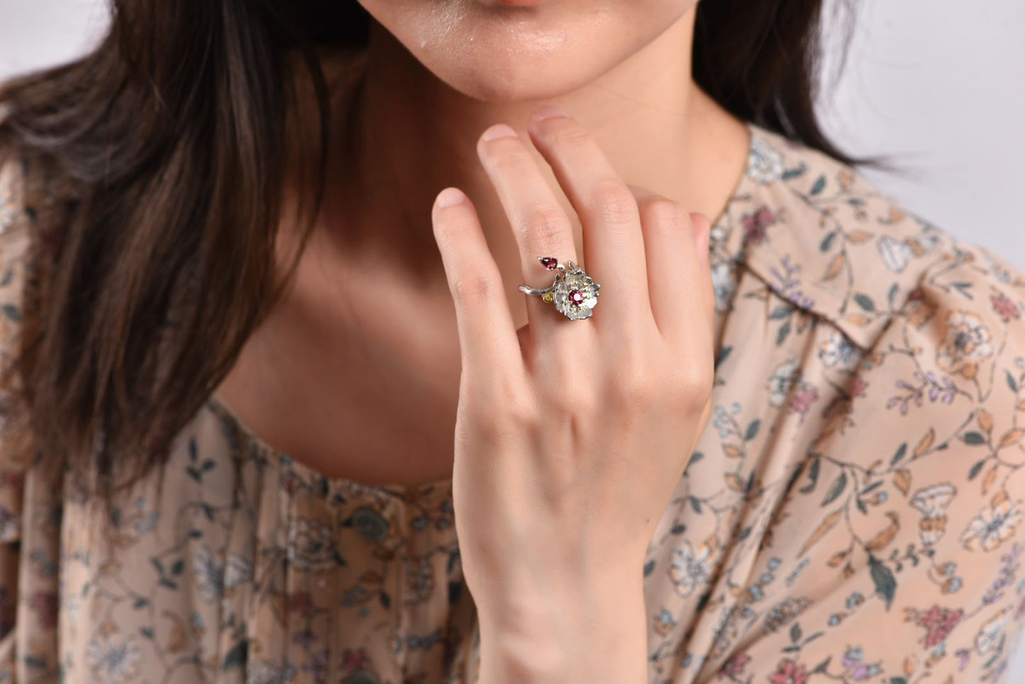 Red Garnet Flower Adjustable Statement Ring