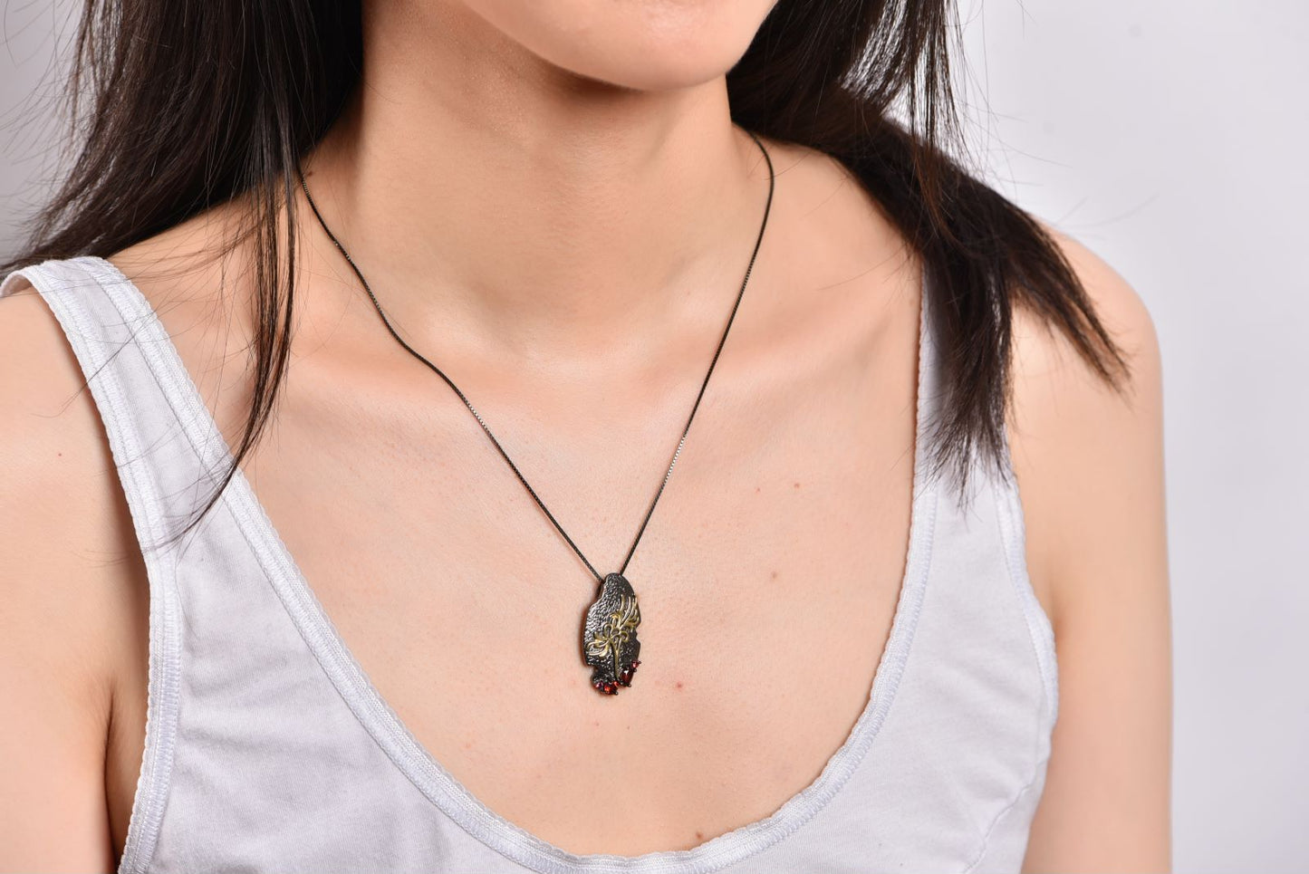 Red Garnet Pendant Silver Necklace with Gold Plated Flower Branches
