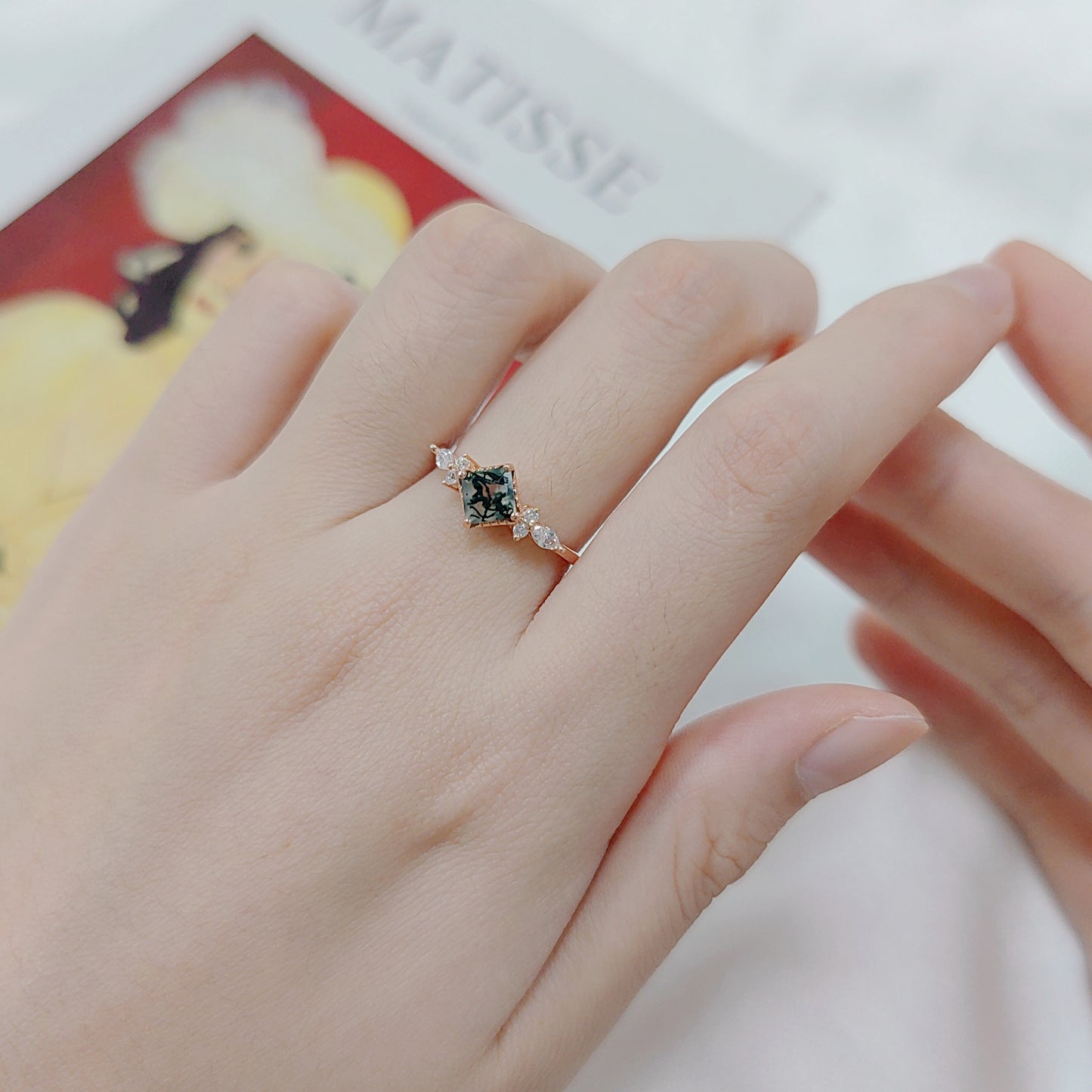 Green Moss Agate Rose Gold Ring In Silver with Zircon- Size L1/2 Only