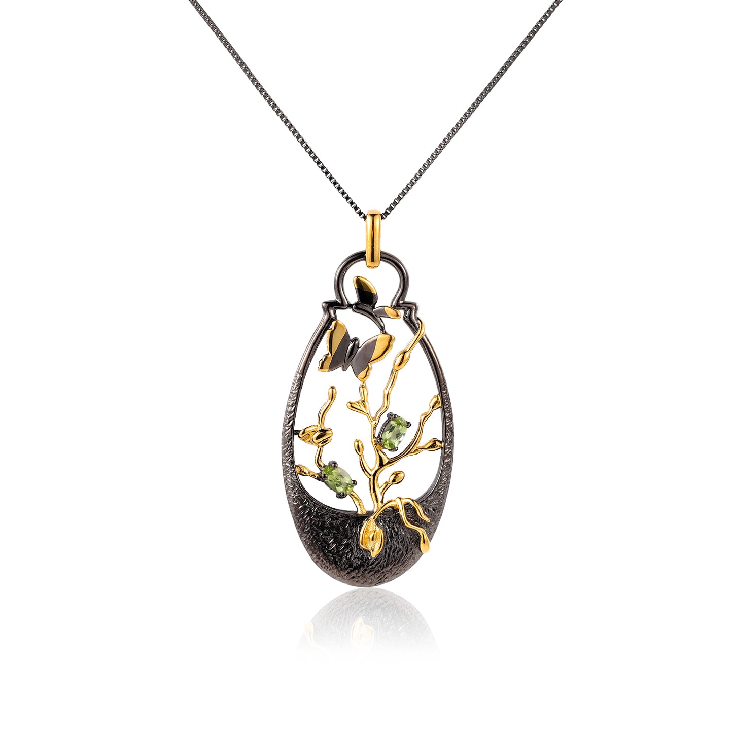 Peridot Secret Garden Pendant Silver Necklace with Gold Plated Butterfly and Branches