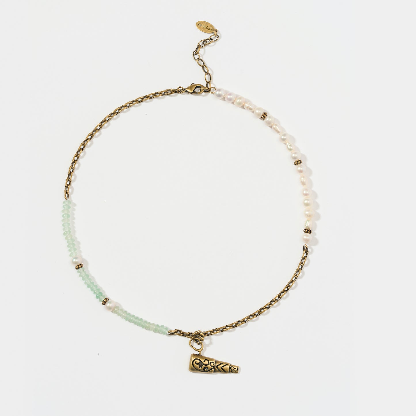 Star Gazers Antique Gold Plated Telescope Pendant Necklace with Pearls and Green Jade