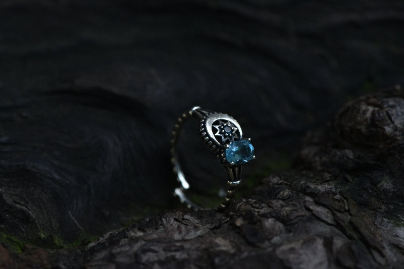 Stars and Crescent Moon Blue Topaz Adjustable Ring