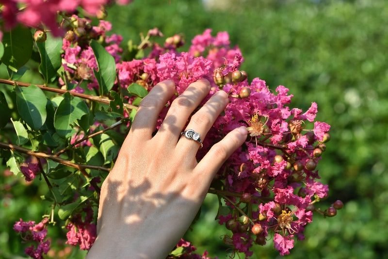Stars and Crescent Moon Green Amethyst and Moonstone Quartz Adjustable Ring