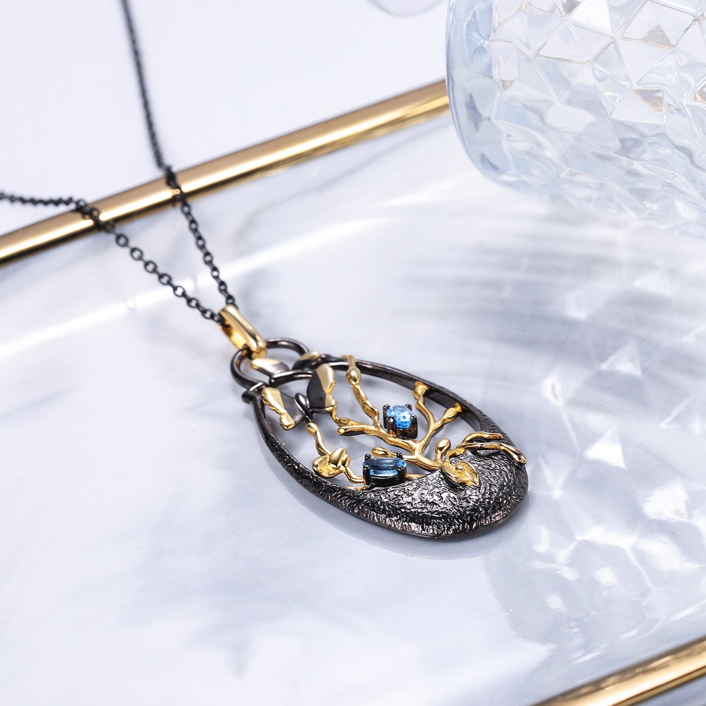Swiss Blue Topaz Secret Garden Pendant Silver Necklace with Gold Plated Butterfly and Branches