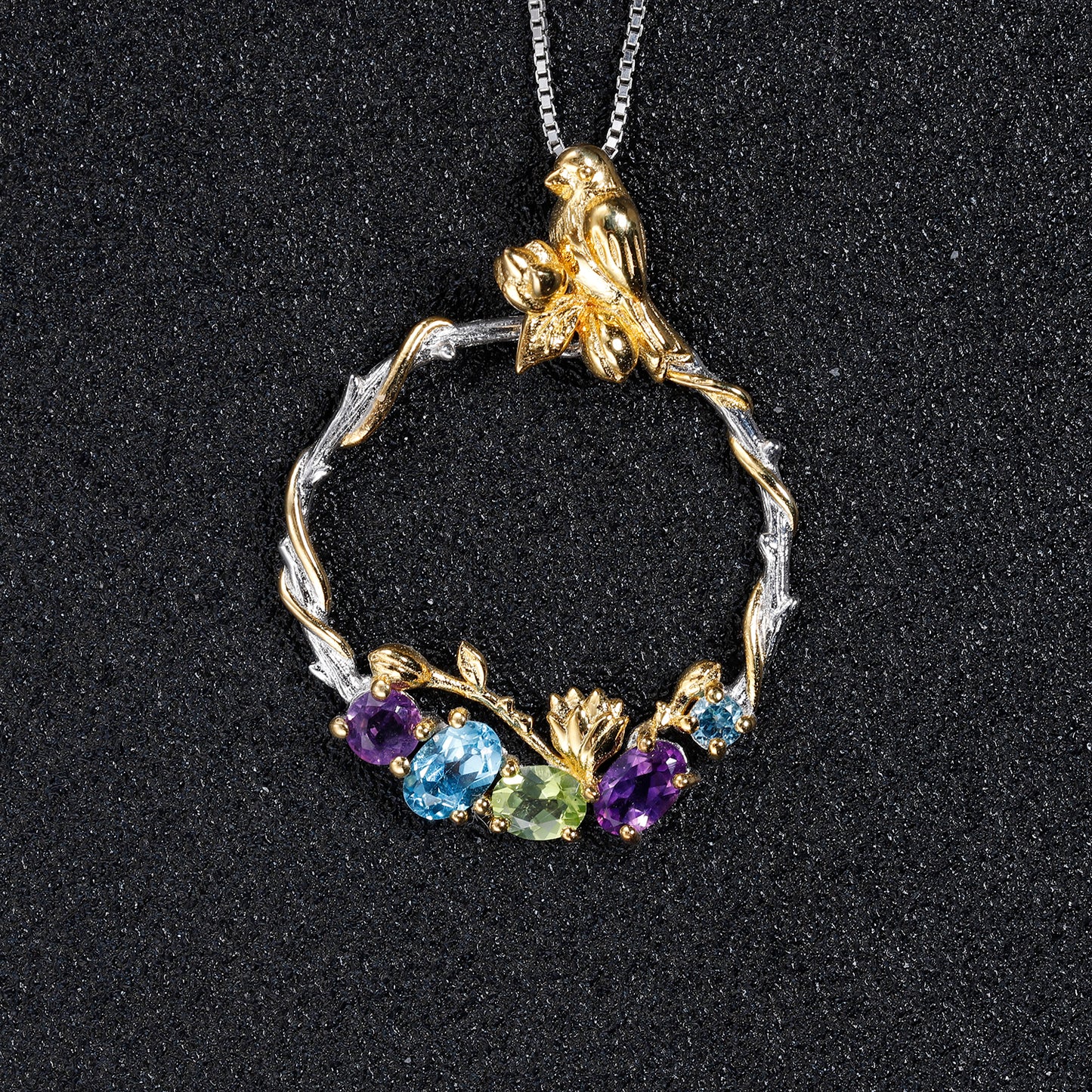 Bird and Rose Silver Necklace with Peridot Amethyst and Swiss Blue Topaz