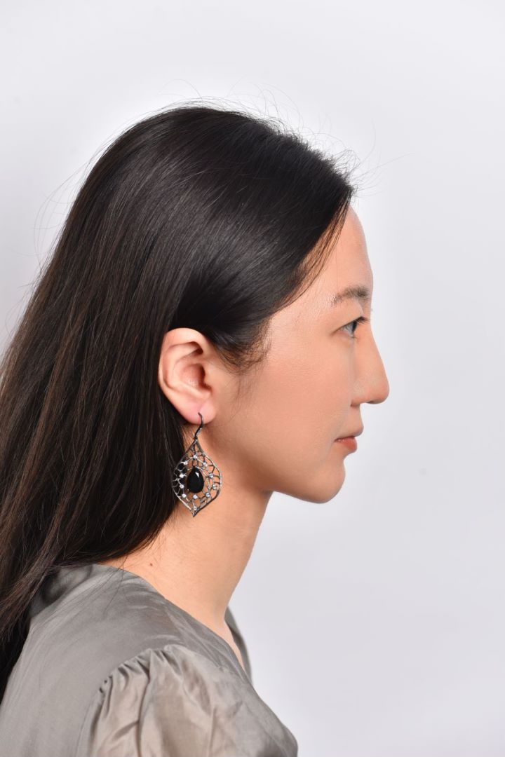 Natural Black Agate Leaf Pattern Drop Silver Earrings