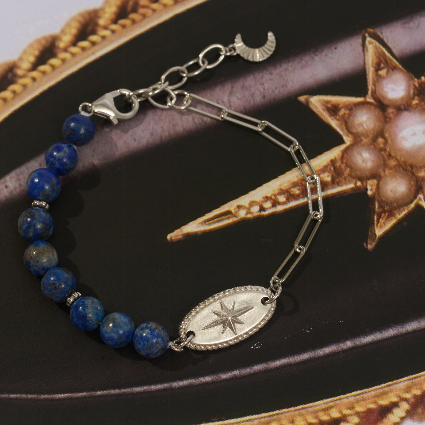 Star Gazers Natural Lapis Lazuli Beaded and Sterling Silver Bracelet with Star Motif