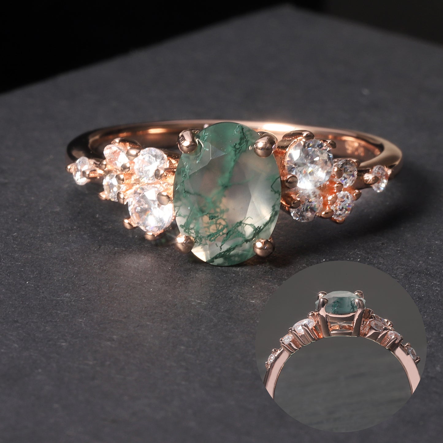 Green Moss Agate Ring with Sparkly Zircon