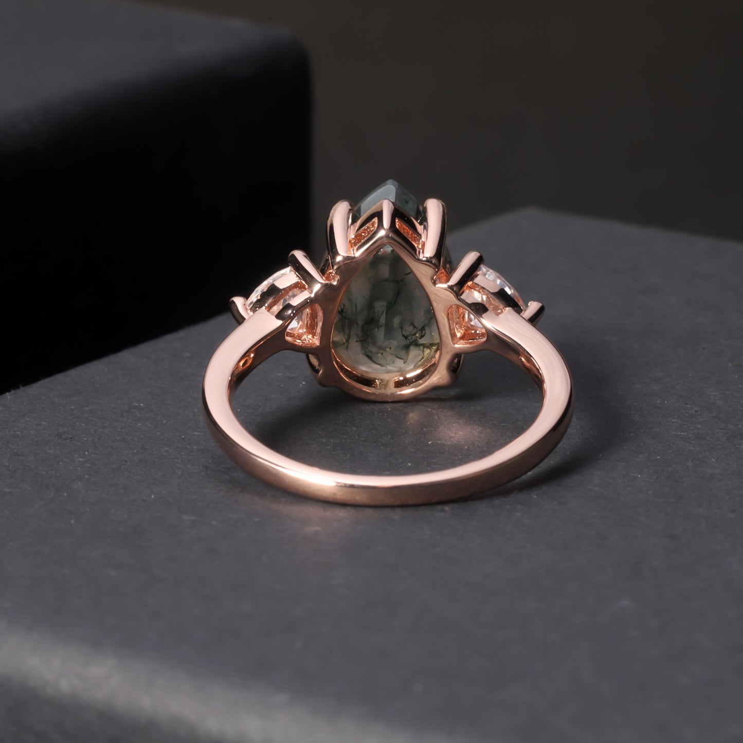 Pear Shaped Moss Agate Rose Gold Plated Ring in Silver