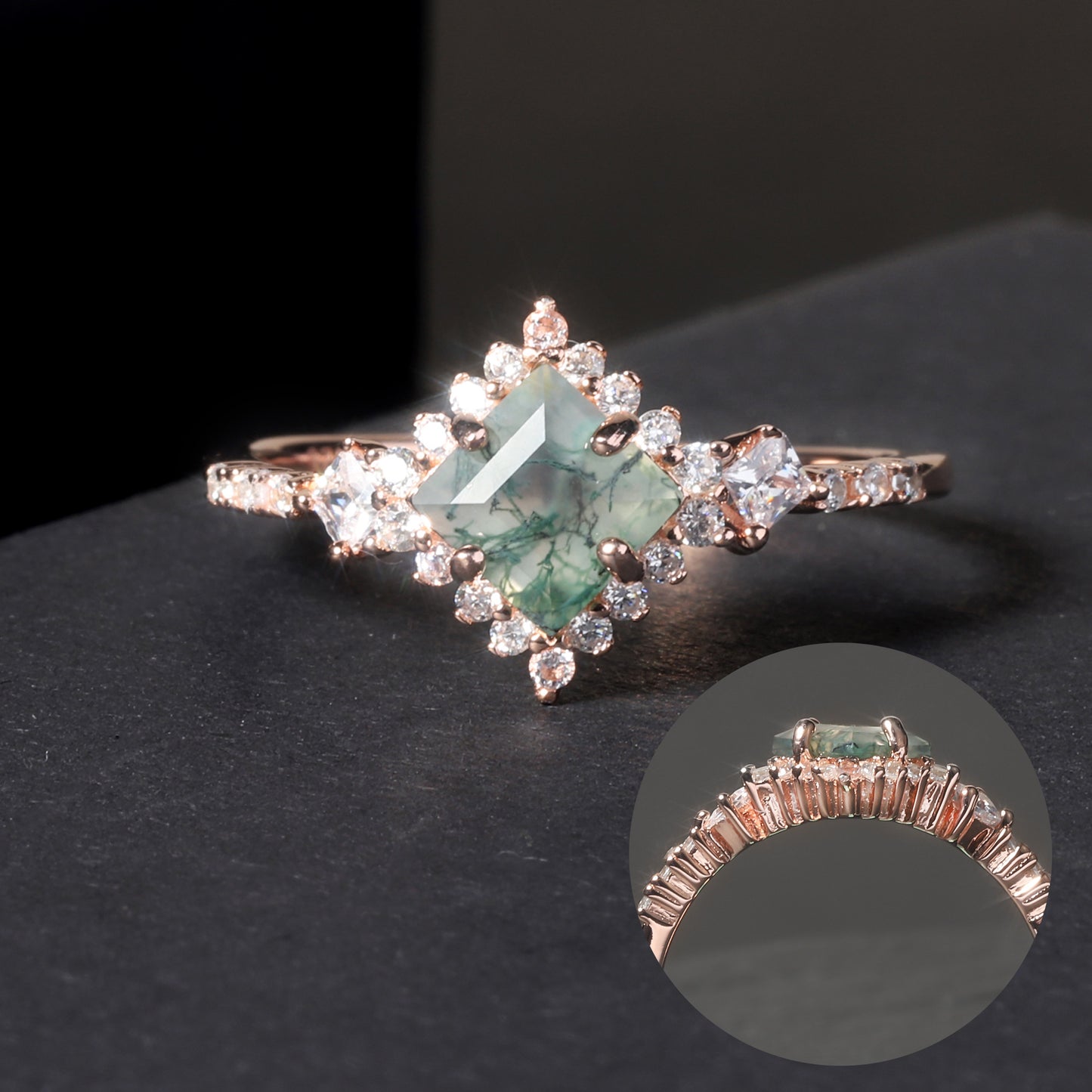 Square Green Moss Agate Statement Gold Ring