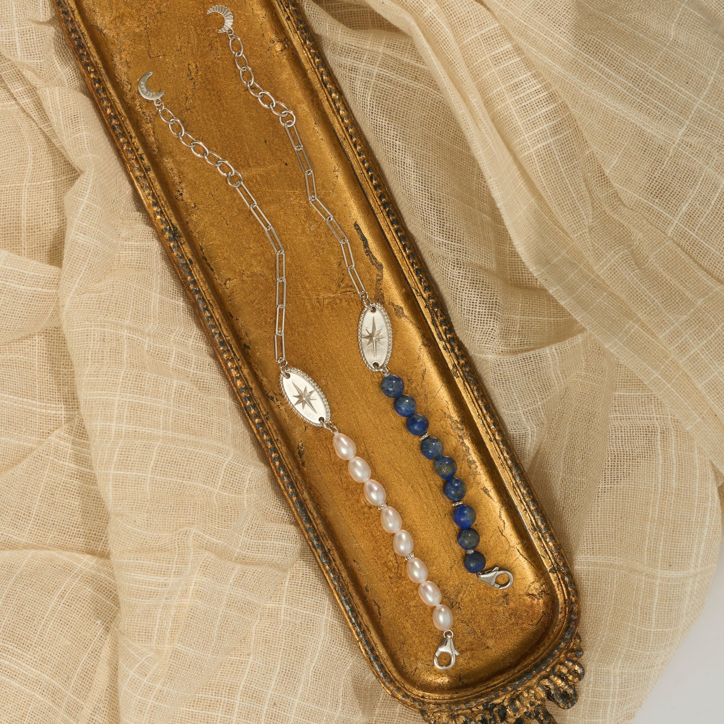 Star Gazers Pearl Beaded and Sterling Silver Bracelet with Star Motif