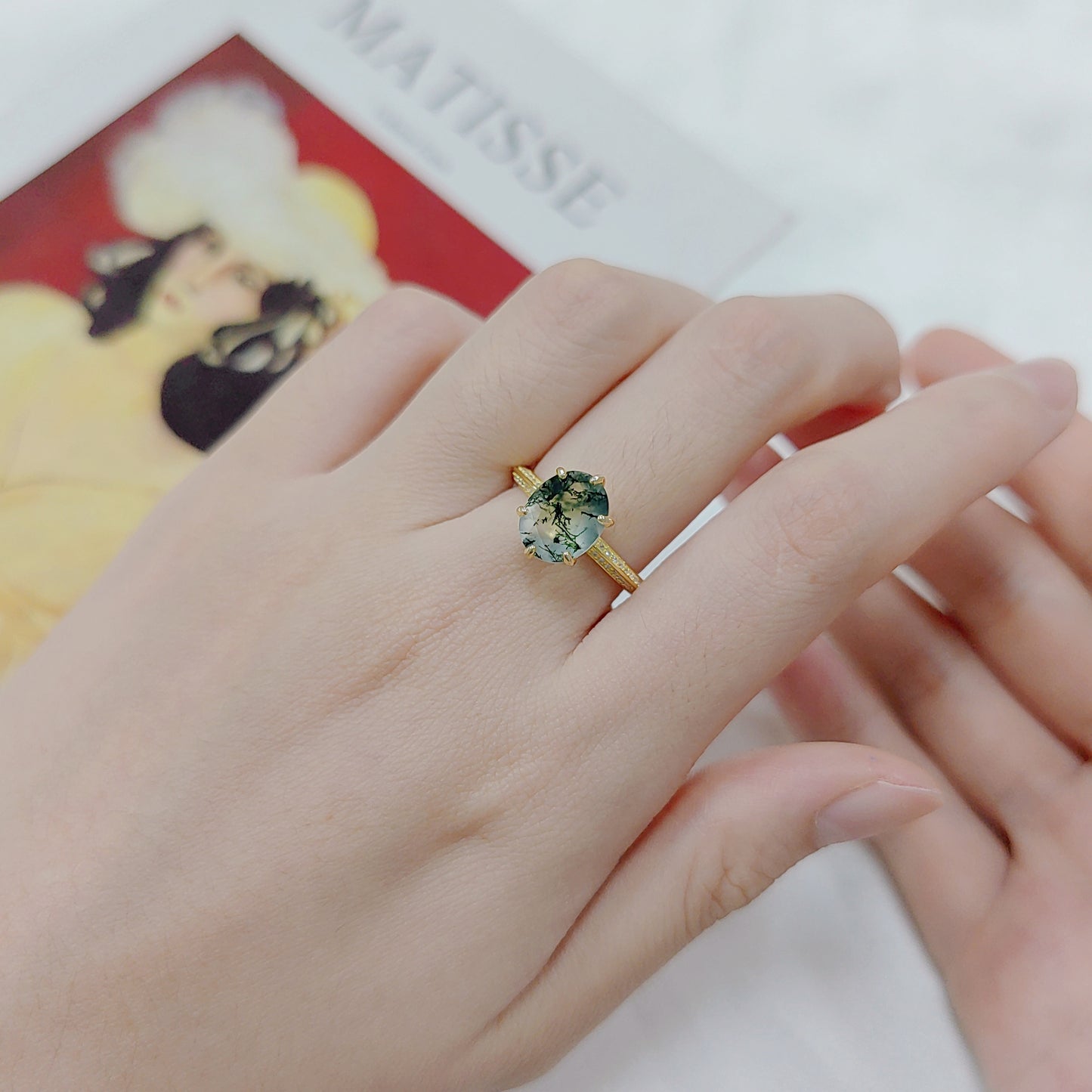 Statement Green Moss Ring with Rose Gold Plating in Silver