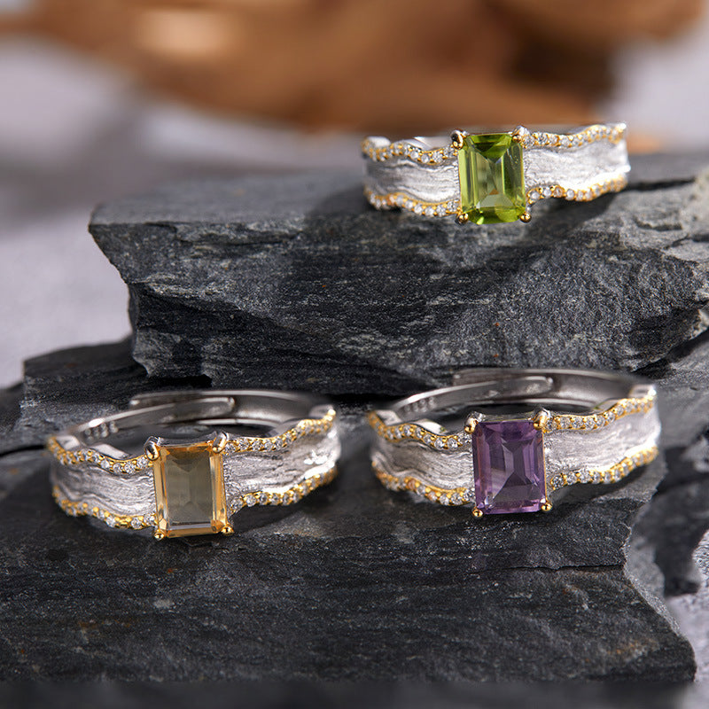 925 Sterling Silver Adjustable Wave Ring with Peridot or Citrine