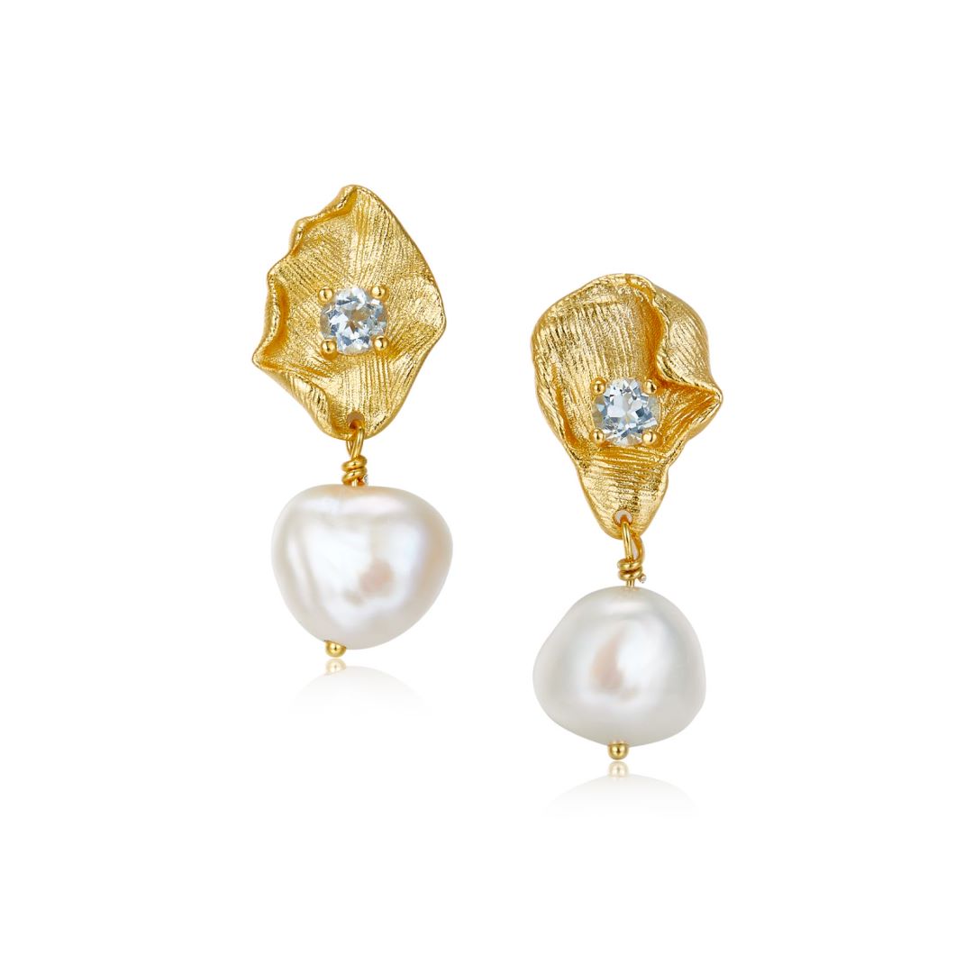 Swiss Blue Topaz & Baroque Pearl Drop Gold Earrings