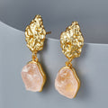 Organic Gold Earrings with Raw Pink Quartz