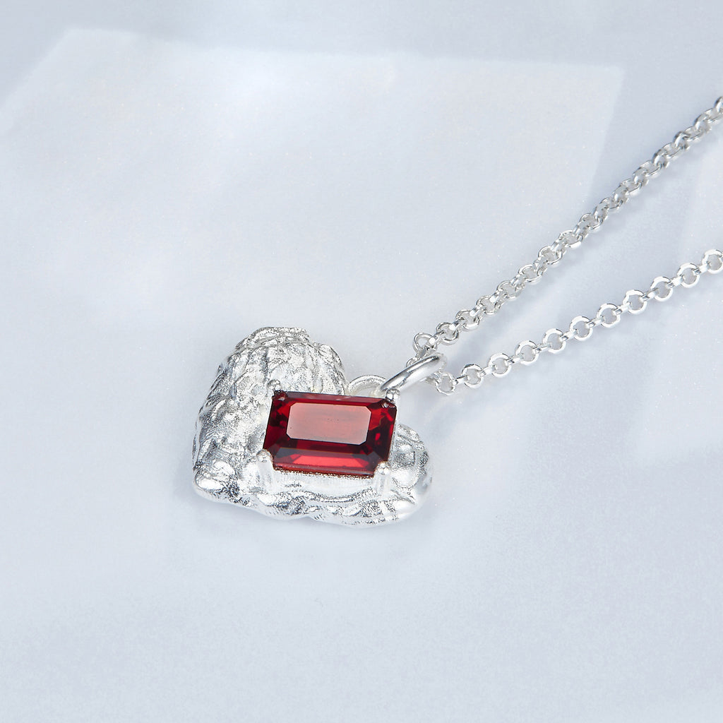 Silver Heart Pendant Necklace with Garnet