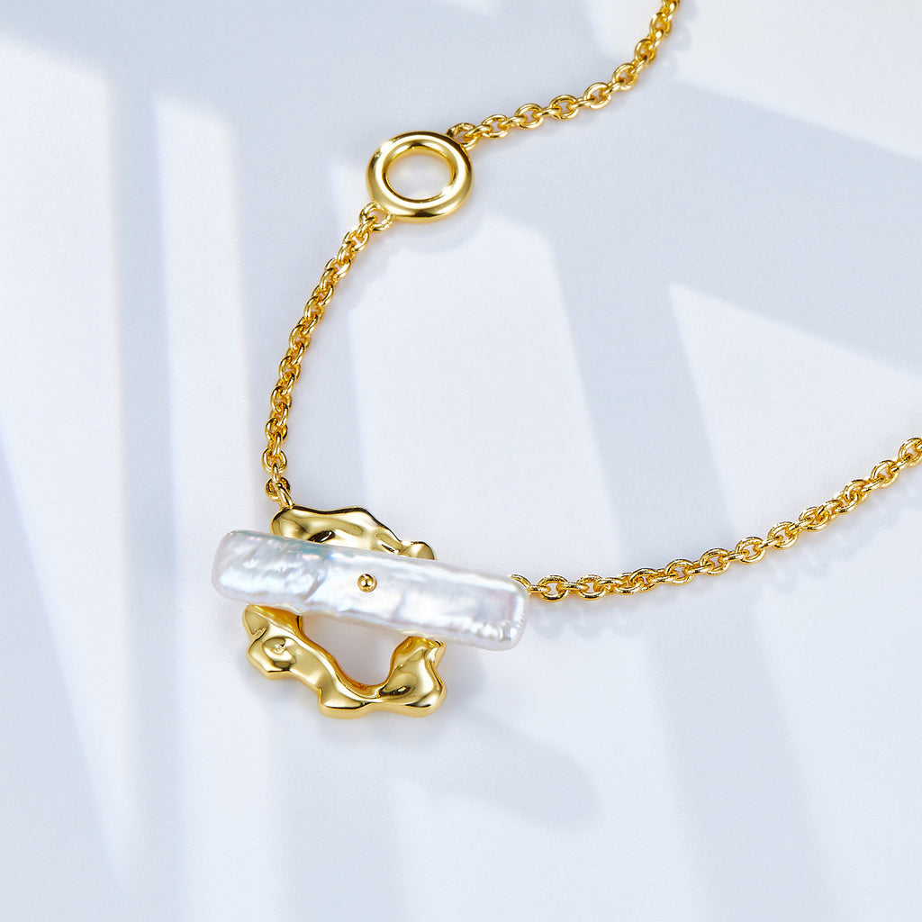 18k Gold Plated Baroque Pearl Adjustable Bar Necklace