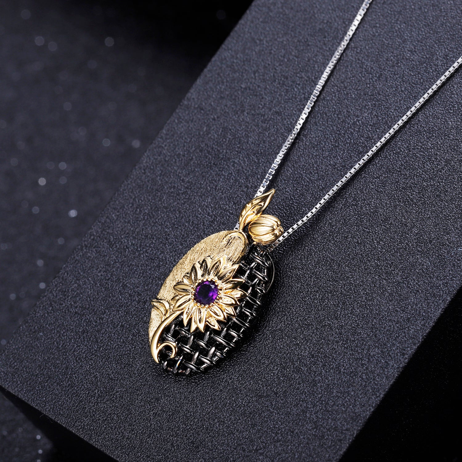 Natural Amethyst Sunflower Sterling Silver Necklace
