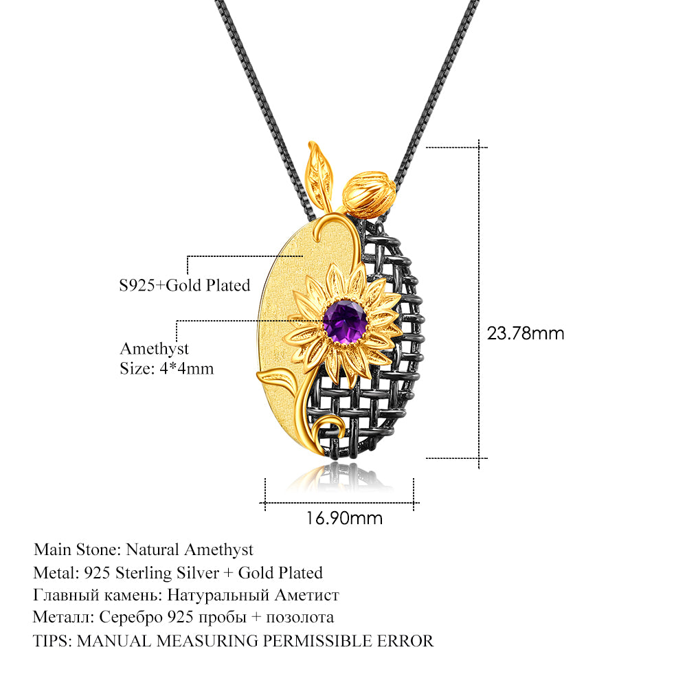 Natural Amethyst Sunflower Sterling Silver Necklace