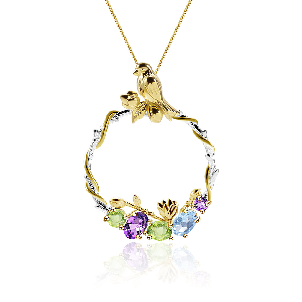 Bird and Rose Silver Necklace with Peridot Amethyst and Swiss Blue Topaz