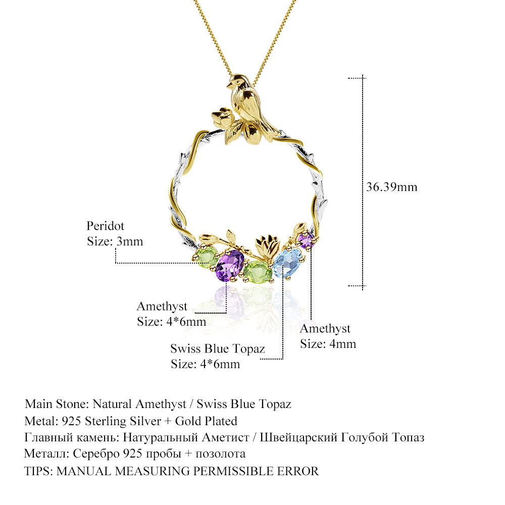 Bird and Rose Silver Necklace with Peridot Amethyst and Swiss Blue Topaz