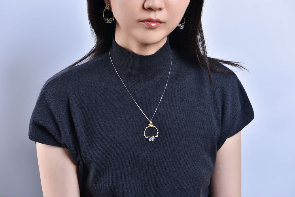 Bird and Rose Silver Necklace with Peridot Amethyst and Swiss Blue Topaz