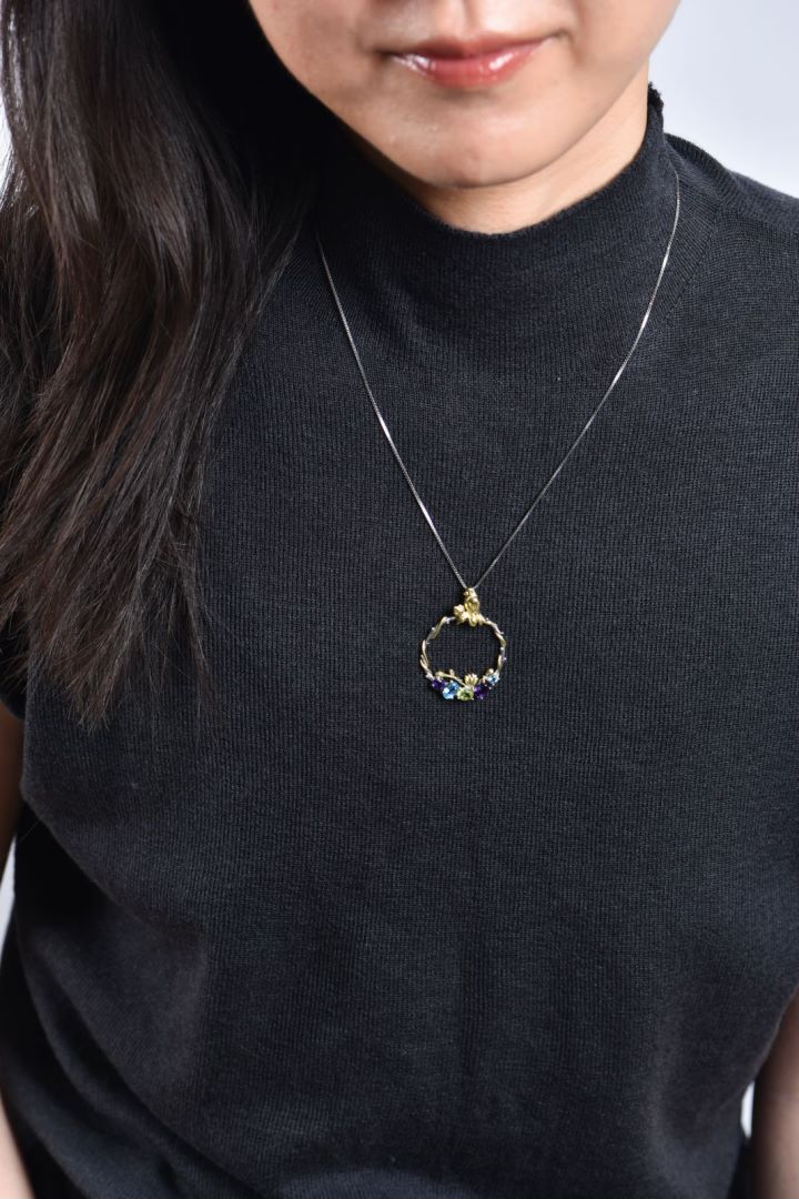 Bird and Rose Silver Necklace with Peridot Amethyst and Swiss Blue Topaz