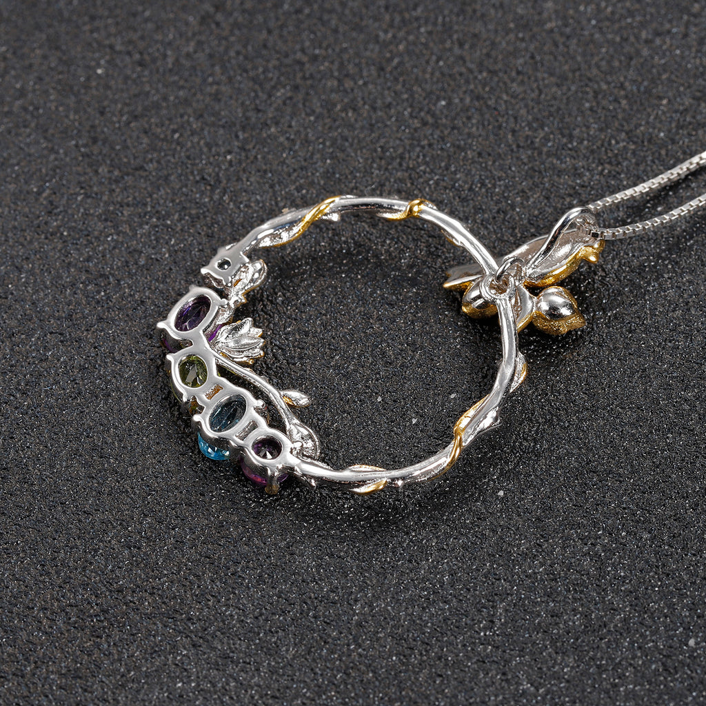 Bird and Rose Silver Necklace with Peridot Amethyst and Swiss Blue Topaz