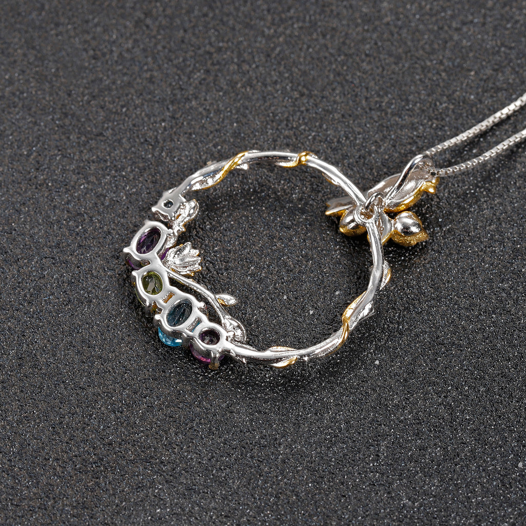 Bird and Rose Silver Necklace with Peridot Amethyst and Swiss Blue Topaz