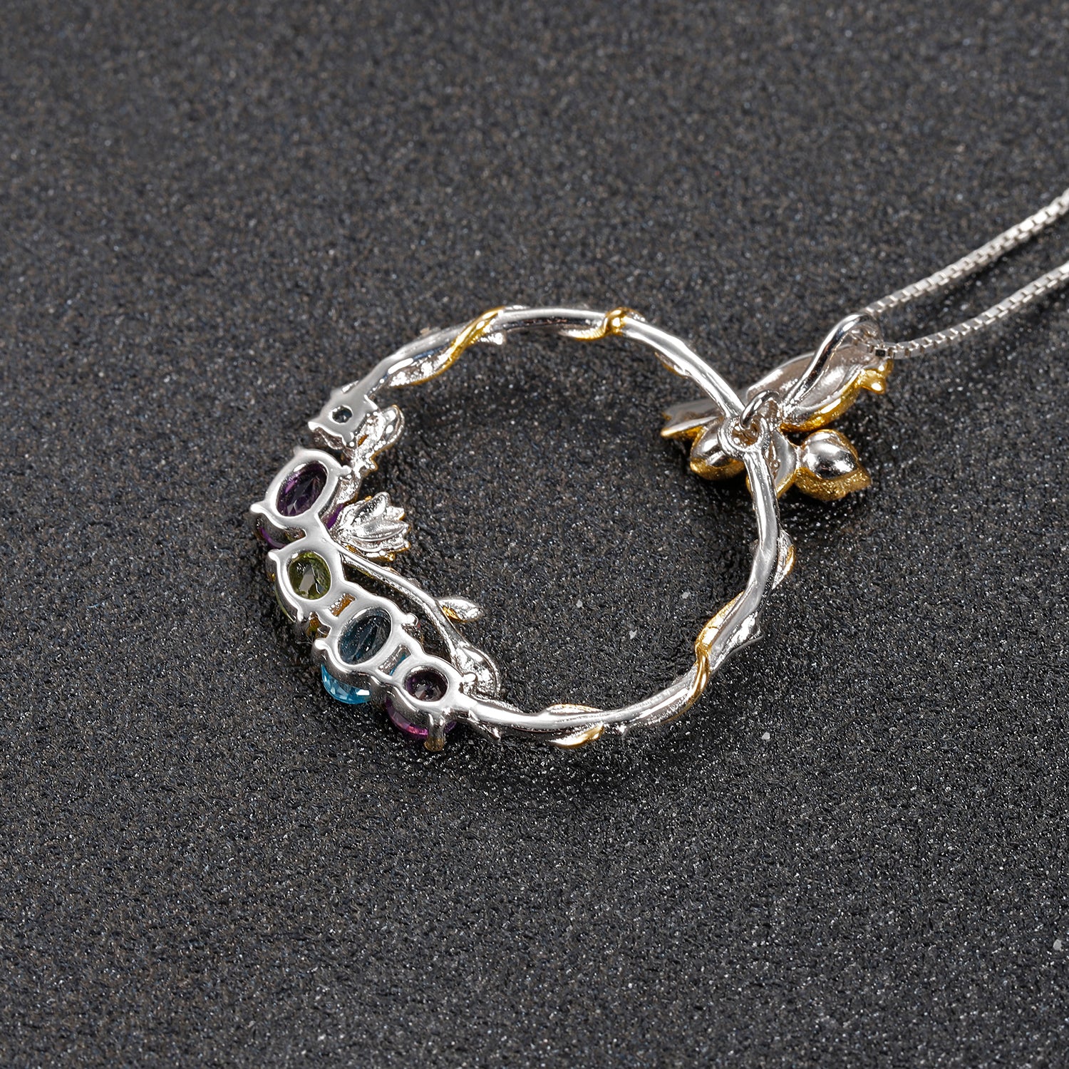 Bird and Rose Silver Necklace with Peridot Amethyst and Swiss Blue Topaz