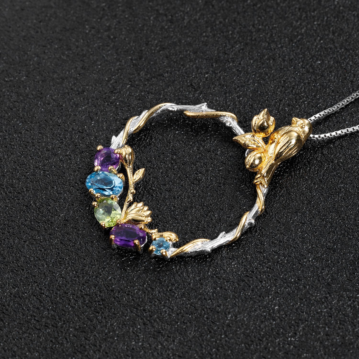 Bird and Rose Silver Necklace with Peridot Amethyst and Swiss Blue Topaz