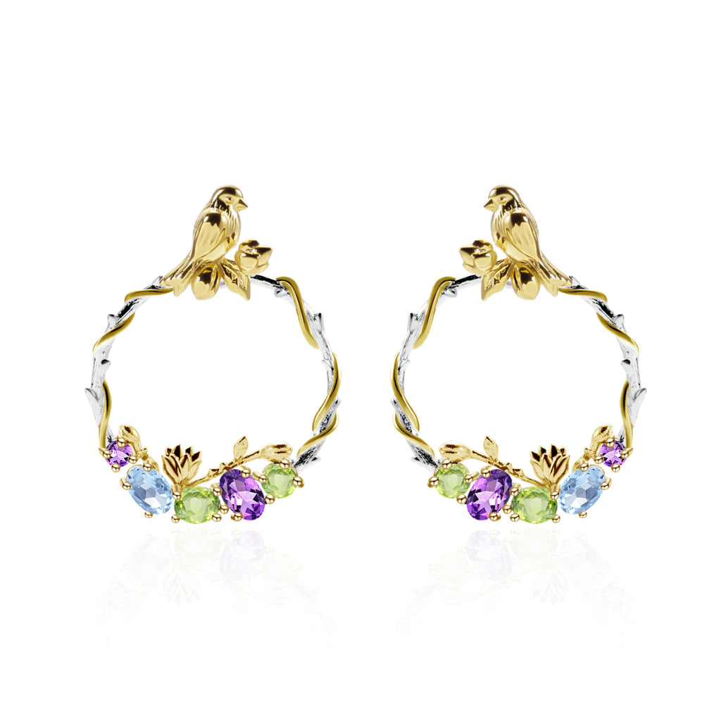 Bird and Rose Silver Hoop Earrings with Peridot Amethyst and Swiss Blue Topaz