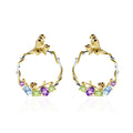 Bird and Rose Silver Hoop Earrings with Peridot Amethyst and Swiss Blue Topaz