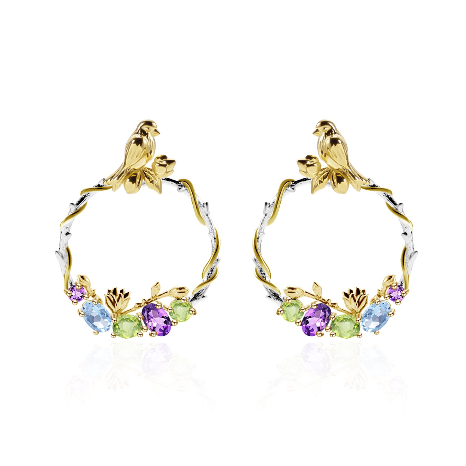 Bird and Rose Silver Hoop Earrings with Peridot Amethyst and Swiss Blue Topaz