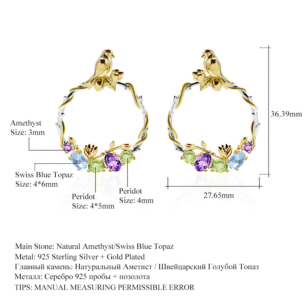 Bird and Rose Silver Hoop Earrings with Peridot Amethyst and Swiss Blue Topaz