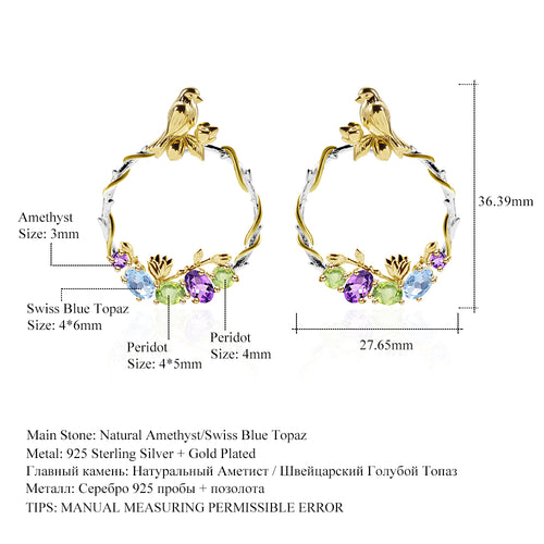 Bird and Rose Silver Hoop Earrings with Peridot Amethyst and Swiss Blue Topaz