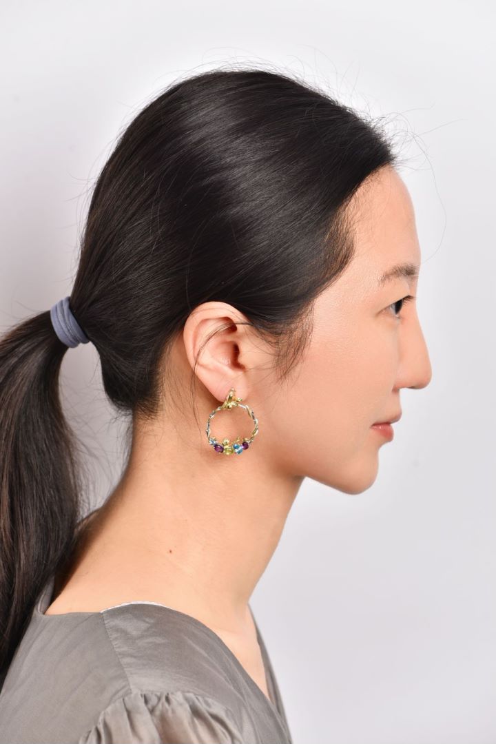 Bird and Rose Silver Hoop Earrings with Peridot Amethyst and Swiss Blue Topaz