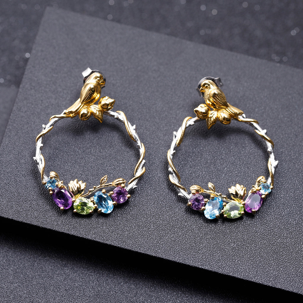 Bird and Rose Silver Hoop Earrings with Peridot Amethyst and Swiss Blue Topaz