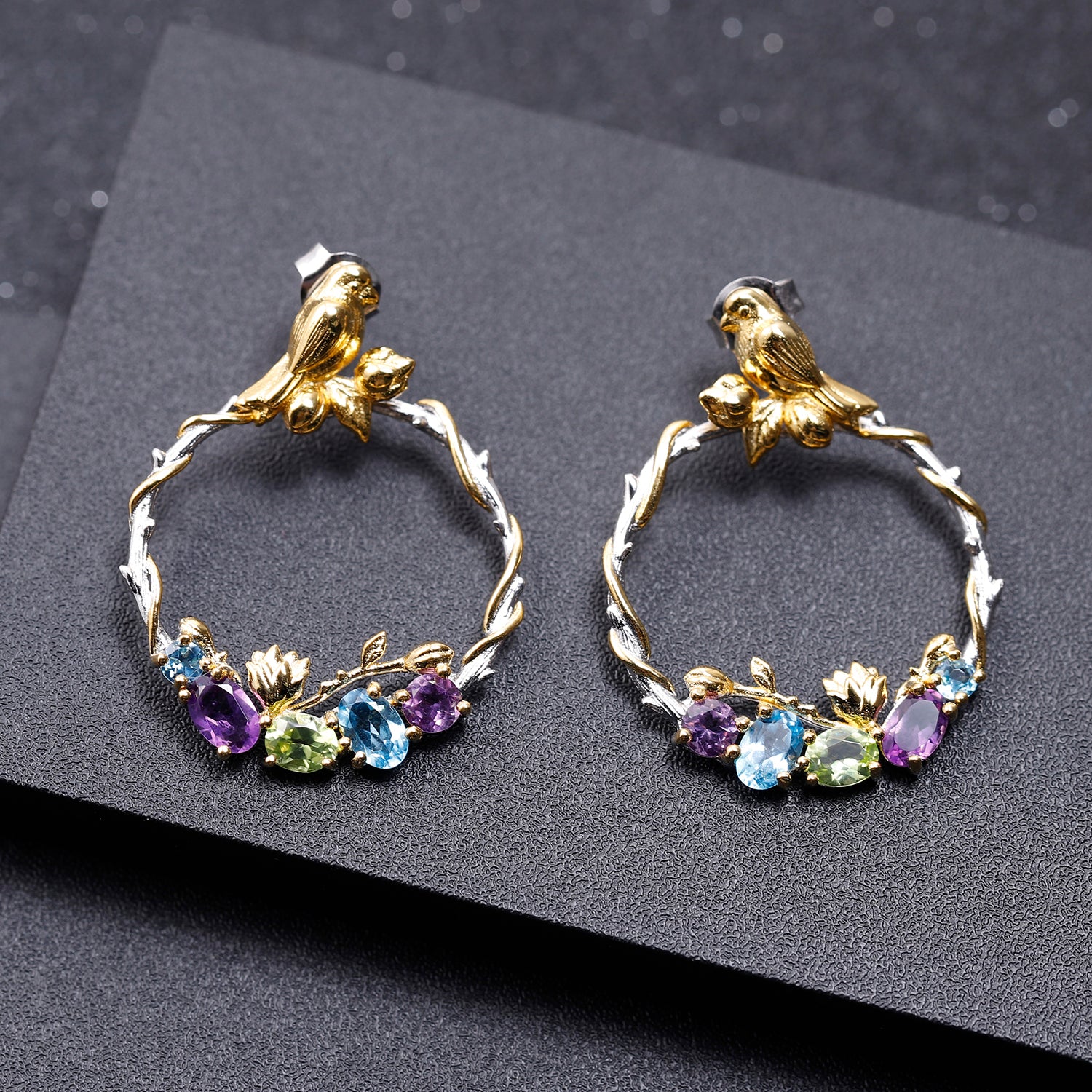 Bird and Rose Silver Hoop Earrings with Peridot Amethyst and Swiss Blue Topaz