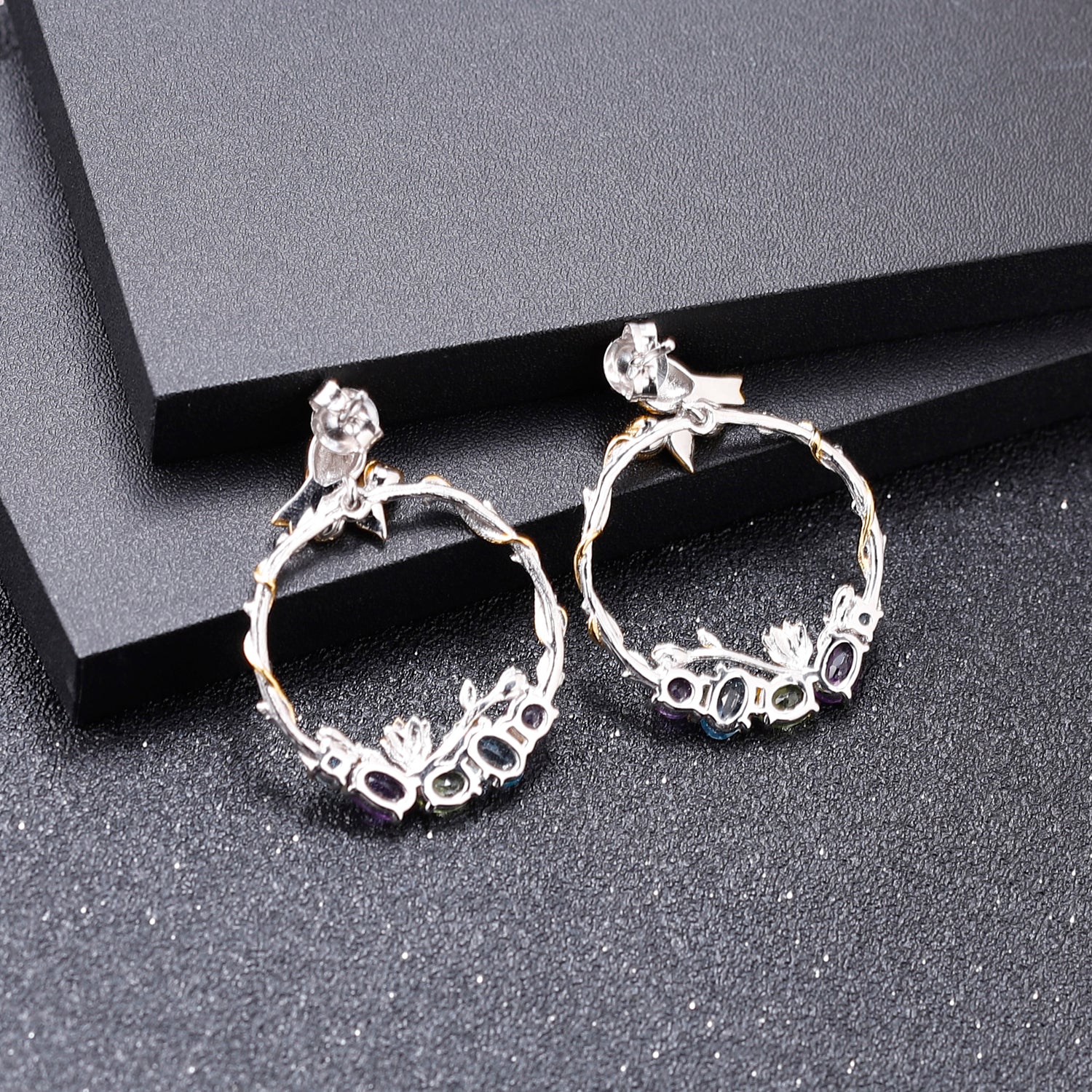 Bird and Rose Silver Hoop Earrings with Peridot Amethyst and Swiss Blue Topaz