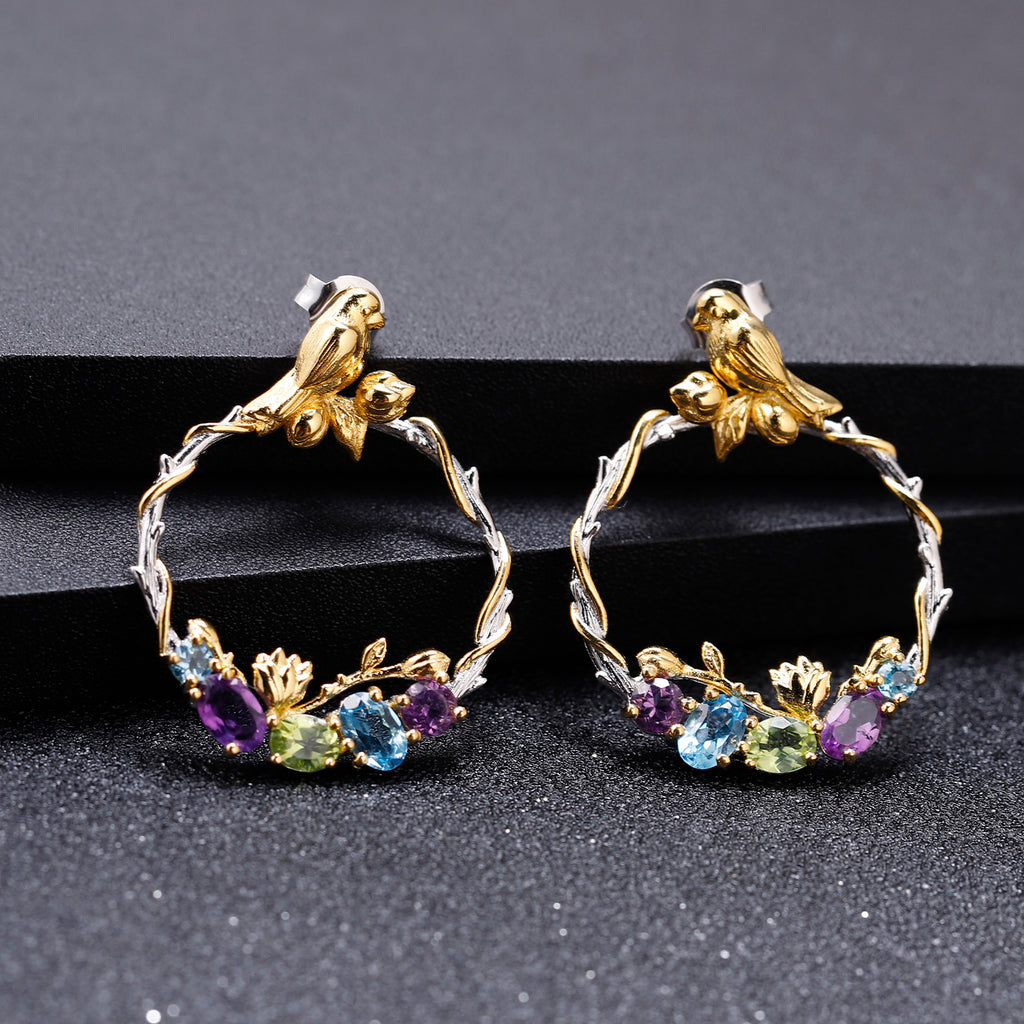 Bird and Rose Silver Hoop Earrings with Peridot Amethyst and Swiss Blue Topaz