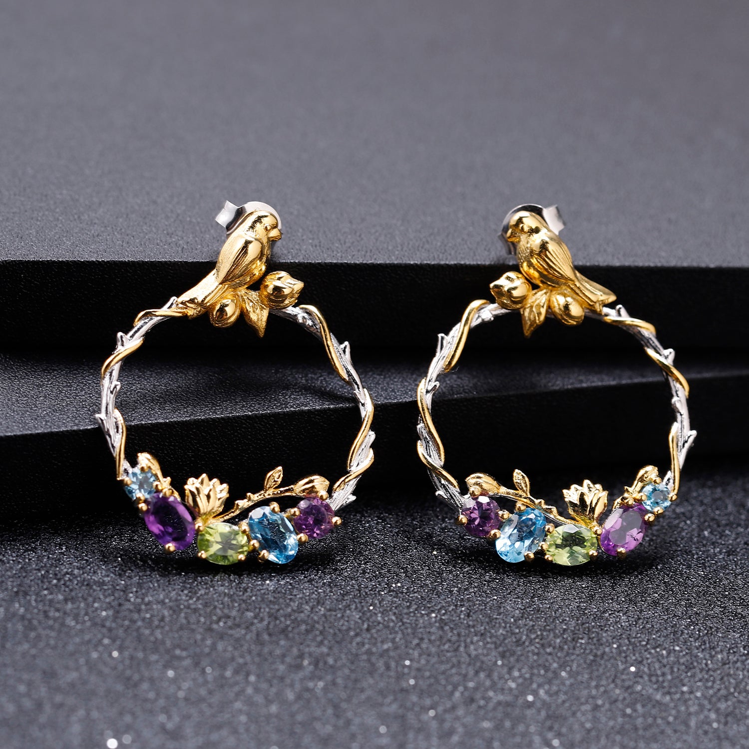 Bird and Rose Silver Hoop Earrings with Peridot Amethyst and Swiss Blue Topaz