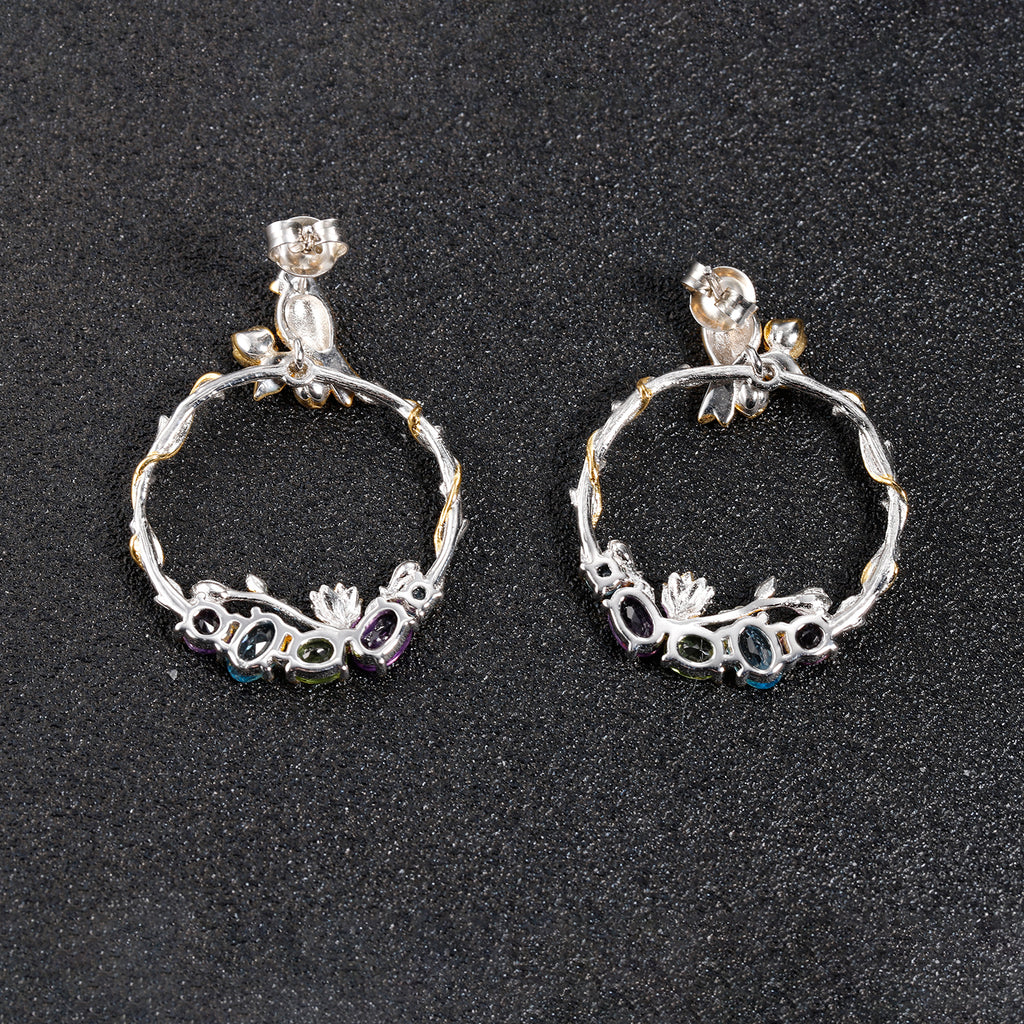 Bird and Rose Silver Hoop Earrings with Peridot Amethyst and Swiss Blue Topaz