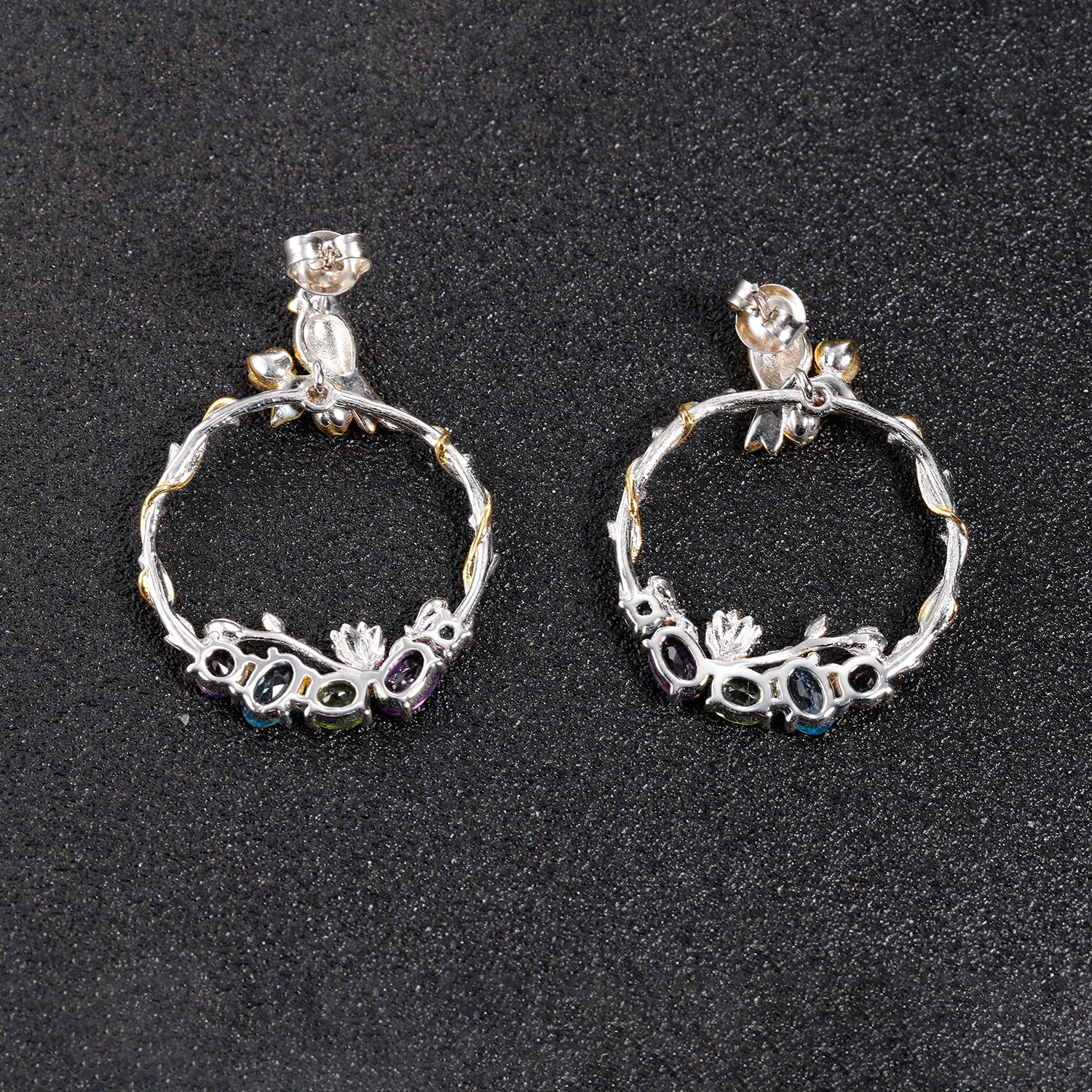 Bird and Rose Silver Hoop Earrings with Peridot Amethyst and Swiss Blue Topaz