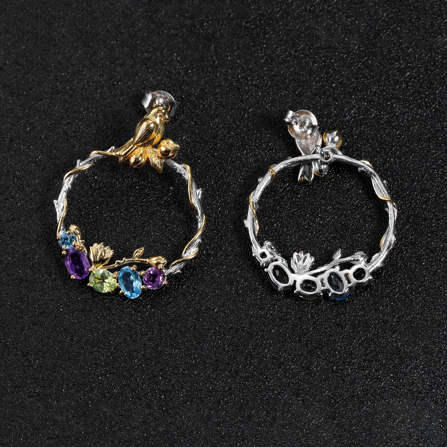 Bird and Rose Silver Hoop Earrings with Peridot Amethyst and Swiss Blue Topaz