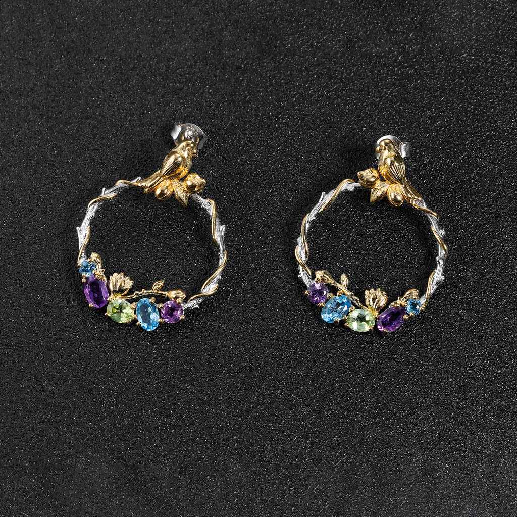 Bird and Rose Silver Hoop Earrings with Peridot Amethyst and Swiss Blue Topaz
