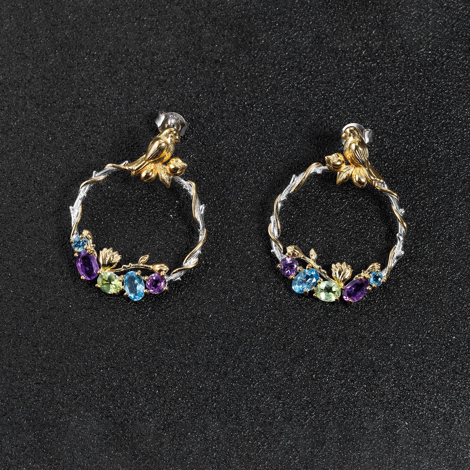 Bird and Rose Silver Hoop Earrings with Peridot Amethyst and Swiss Blue Topaz