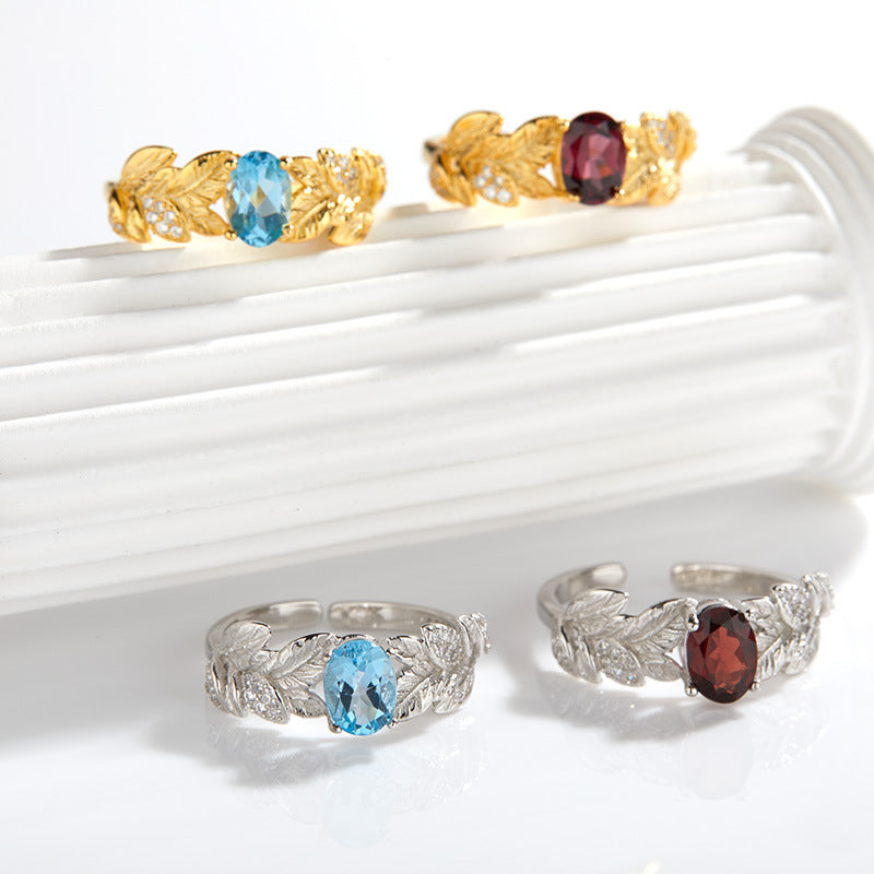 Gold Leaf & Crystal Ring with Red Garnet or Blue Topaz